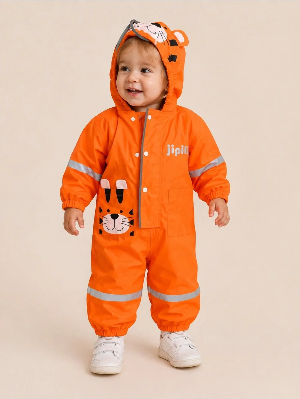 Kids Orange Tiger Rain Suit Hooded Waterproof Coverall Reflective Stripes